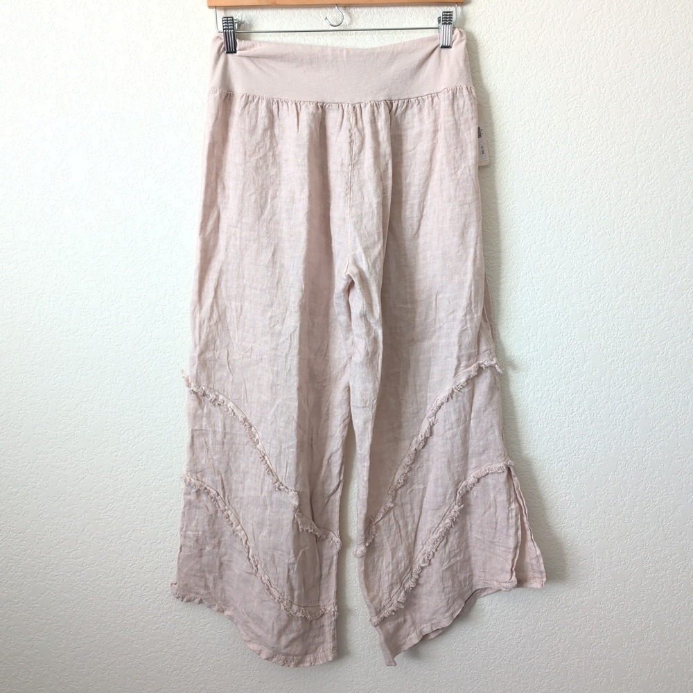 Purolino Italy Pink Linen Wide Leg Pants Raw Edge Frayed Seam L/XL NWT Boho